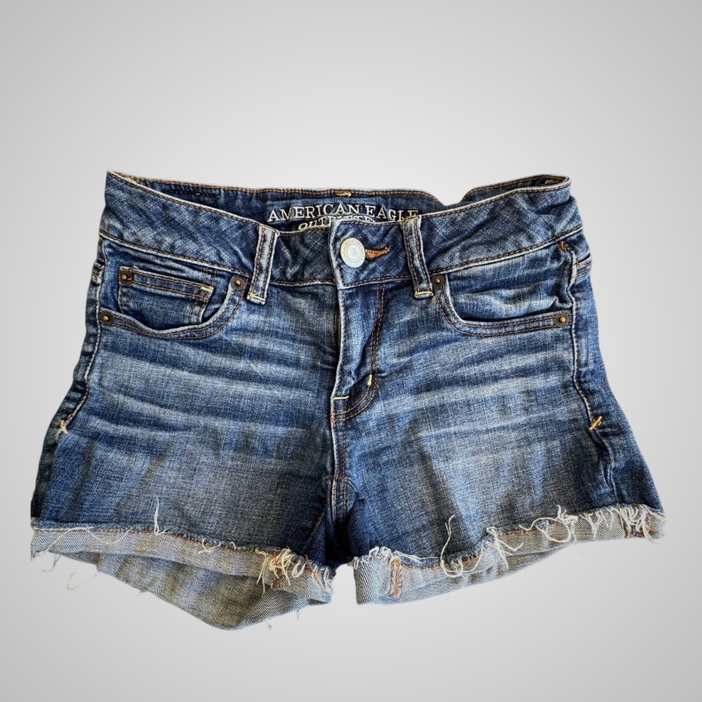 American Eagle Super Stretch Shortie Denim Shorts Dark Wash Raw Hem Size 0